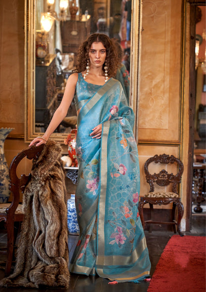 Dhiyona GR Women's Queen Blue Banarasi Digital Soft Silk Saree