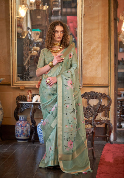 Dhiyona GR Women's Queen Green Banarasi Digital Soft Silk Saree