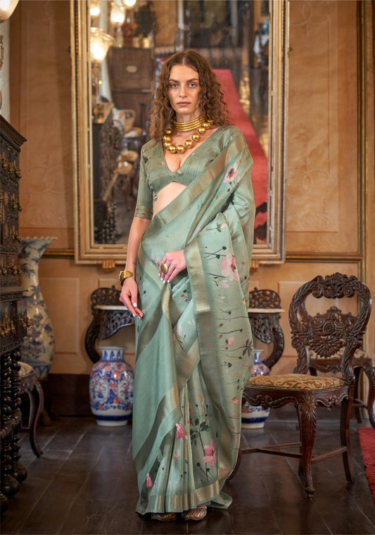 Dhiyona GR Women's Queen Green Banarasi Digital Soft Silk Saree