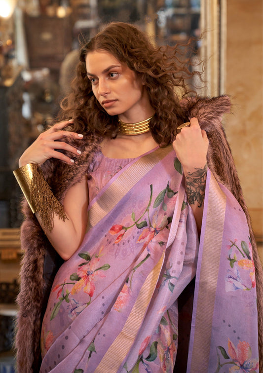 Dhiyona GR Women's Queen Lavender Banarasi Digital Soft Silk Saree