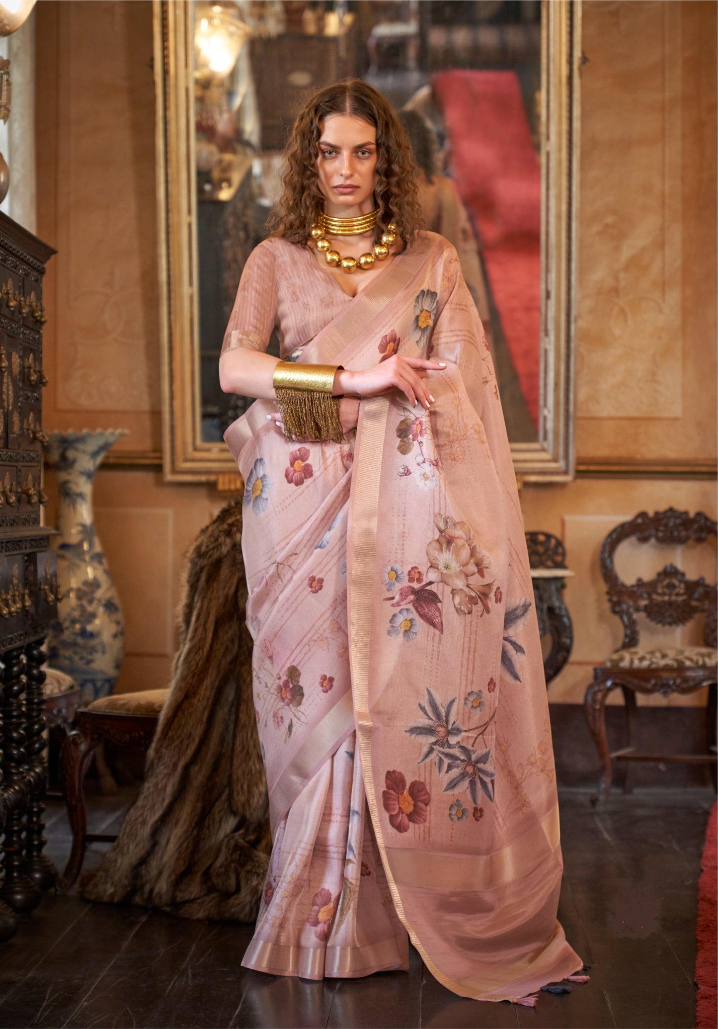 Dhiyona GR Women's Queen Pink Banarasi Digital Soft Silk Saree