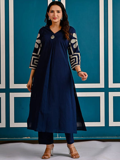 Dhiyona IE Embroidered Pure Cotton V-Neck Top With Trousers Co-Ords