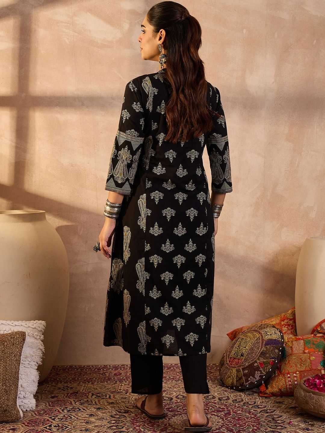 Ethnic Motifs Printed Panelled Band Collar Sequinned Pure Cotton Kurta & Trousers
