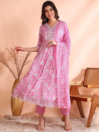 Dhiyona OD  Thread Work Pure Cotton Anarkali Kurta with Trousers & Dupatta