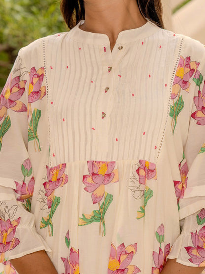 Dhiyona IE Printed Pure Cotton Mandarin Collared Top With Trousers Co-Ords