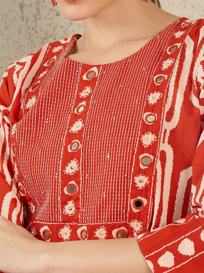 Dhiyona IE Women Printed Round Neck Cotton Top and Trousers Co-Ords