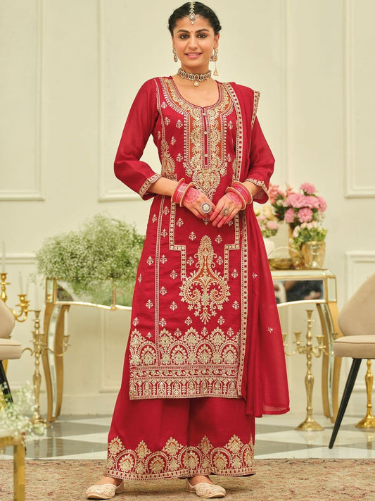 Ethnic Motifs Embroidered Straight Kurta With Palazzos & Dupatta