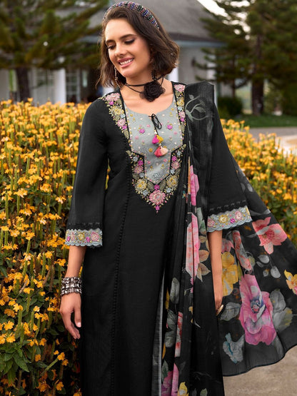 Women Floral Embroidered Regular Thread Work Pure Cotton Kurta with Trousers & With Dupatta