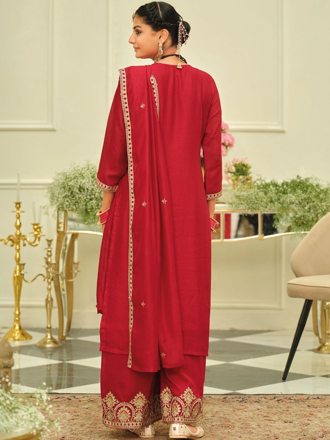Ethnic Motifs Embroidered Straight Kurta With Palazzos & Dupatta