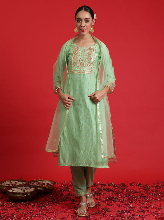 Dhiyona IE Women Floral Embroidered Regular Thread Work Chanderi Silk Kurta with Trousers & With Dupatta