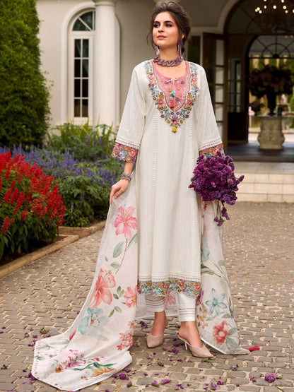 Women Floral Embroidered Regular Thread Work Pure Cotton Kurta with Trousers & With Dupatta