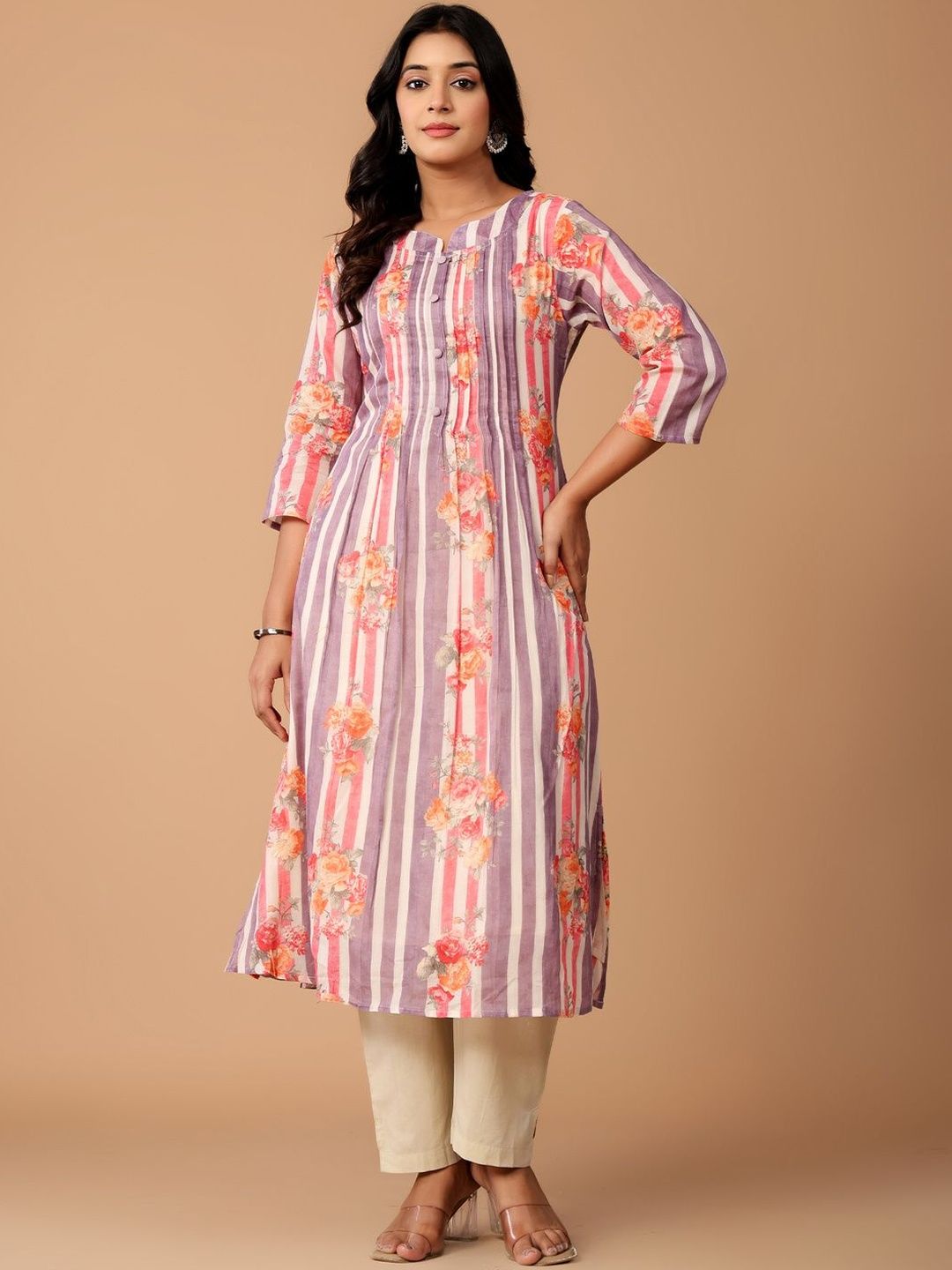 Dhiyona IE Floral Printed Pleated Pure Cotton A-Line Kurta with Trousers