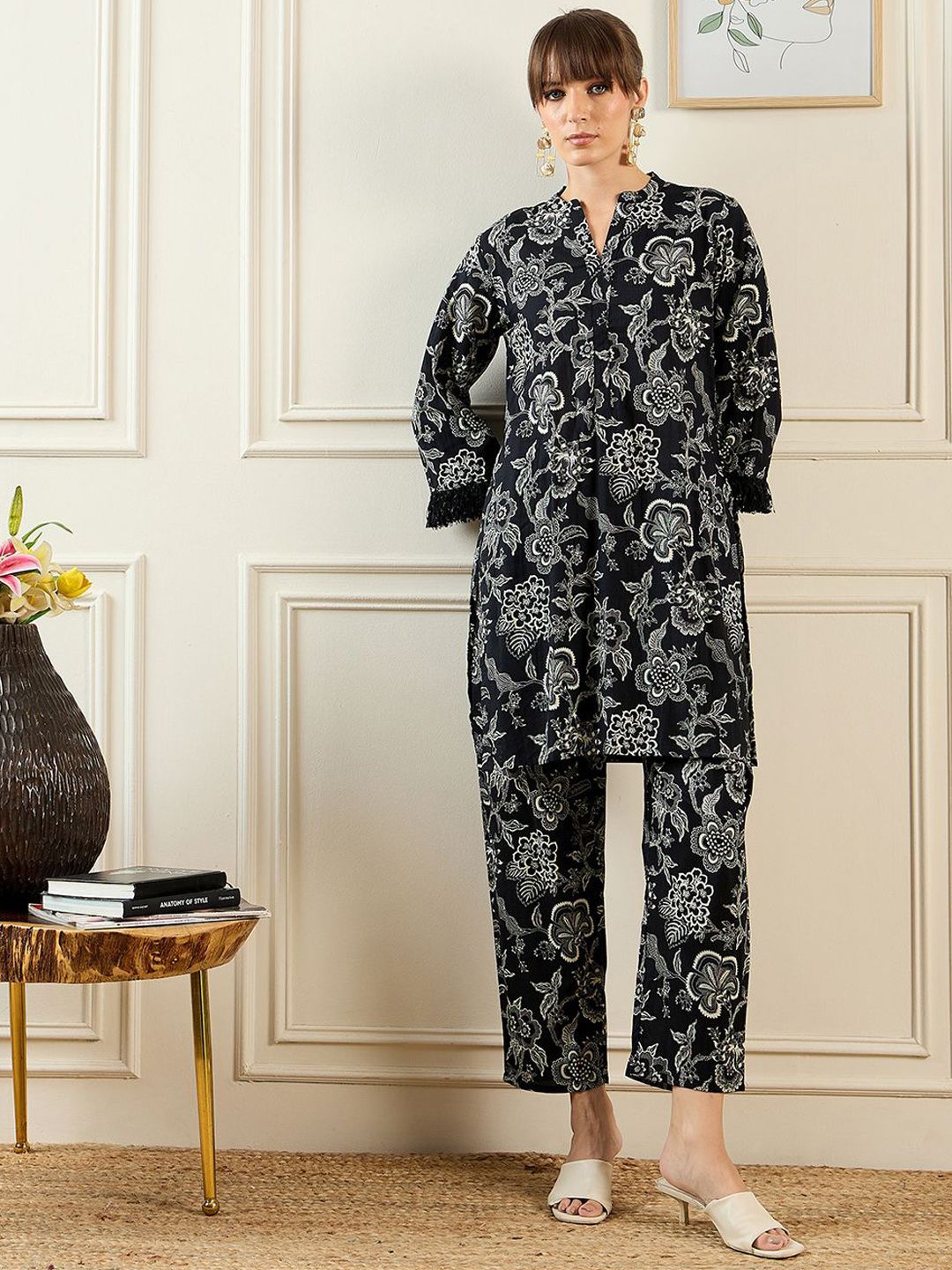 Dhiyona IE Floral Printed Mandarin Collar Pure Cotton Tunic Top With Trousers