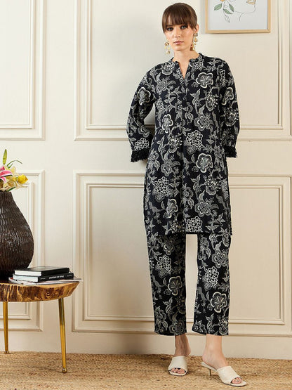 Dhiyona IE Floral Printed Mandarin Collar Pure Cotton Tunic Top With Trousers