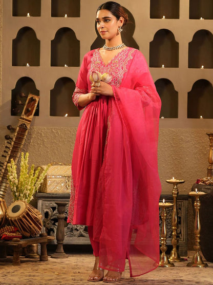 Dhiyona IE Women's Floral Yoke Design V Neck Zari A-Line Kurta & Trousers With Dupatta