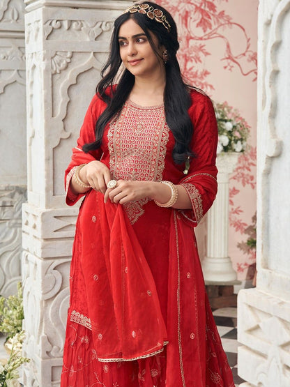 Dhiyona CH Women Ethnic Motifs Embroidered Thread Work Kurta with Sharara & With Dupatta