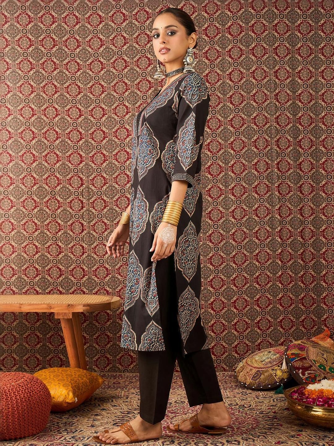 Dhiyona IE Printed Pure Cotton V-Neck Tunic With Trouser