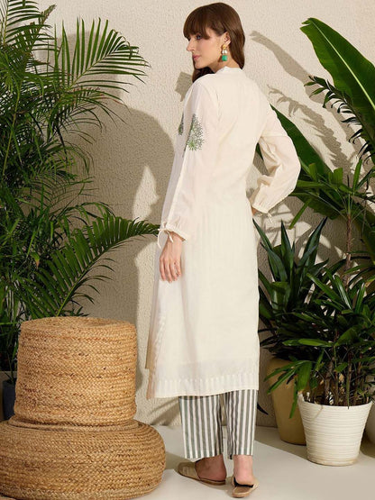 Dhiyona IE Floral Embroidered Mandarin Collar Straight Pure Cotton Tunic With Trouser