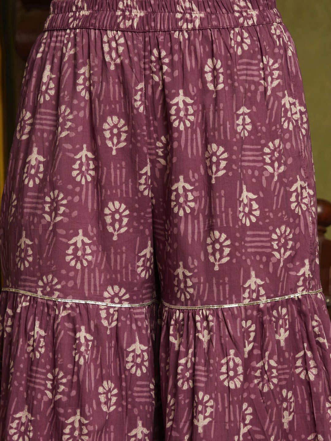 Dhiyona SN Women's Purple Floral Printed Notch-Neck Pure Cotton A-Line Kurta With Sharara & Dupatta.