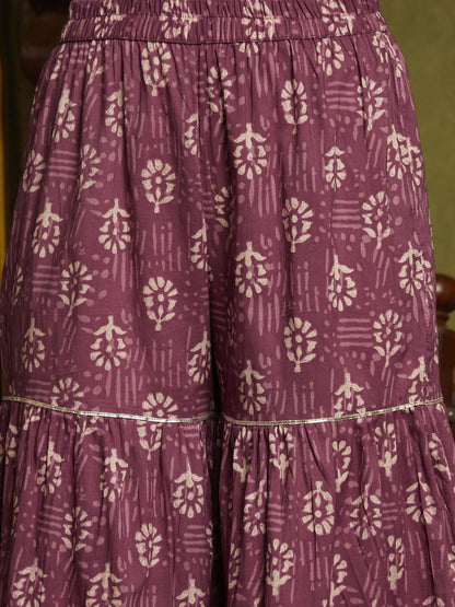 Dhiyona SN Women's Purple Floral Printed Notch-Neck Pure Cotton A-Line Kurta With Sharara & Dupatta.