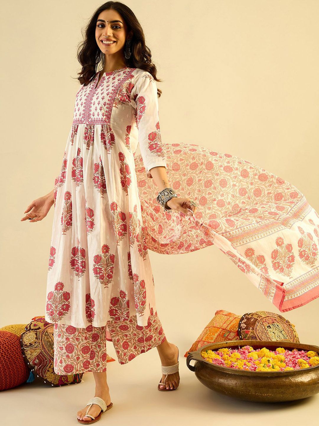 Ethnic Motifs Embroidered Anarkali Pure Cotton Kurta with Palazzos & With Dupatta