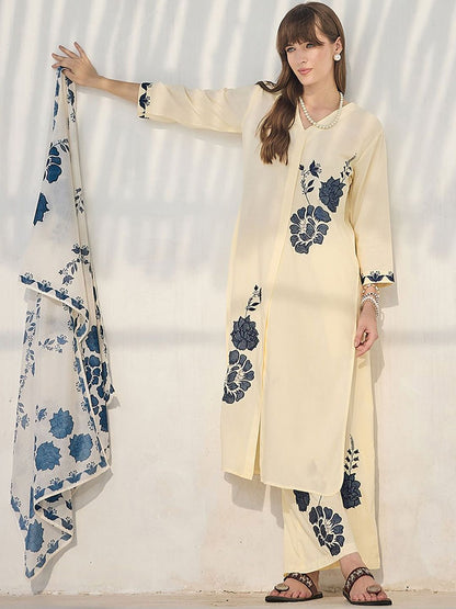 Floral Printed Straight Kurta With Palazzos & Dupatta