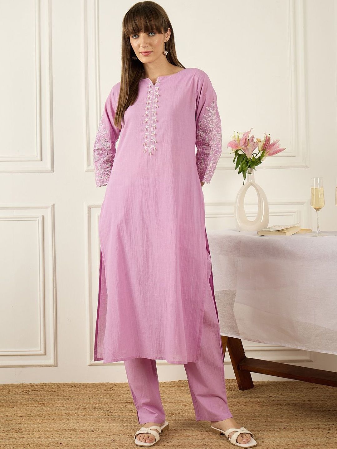 Dhiyona IE Embroidered Round Neck Three-Quarter Sleeves Pure Cotton Tunic And Trousers
