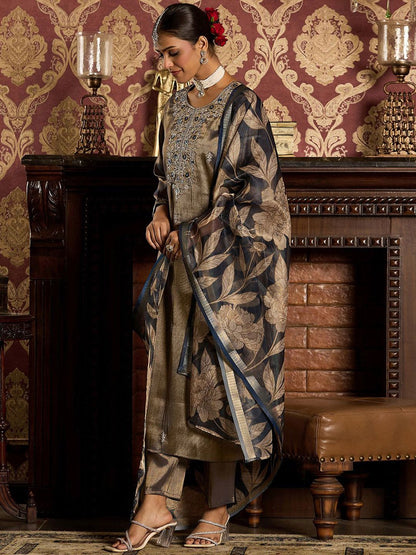 Dhiyona IE Floral Embroidered Zari Liva Kurta With Trousers & Dupatta