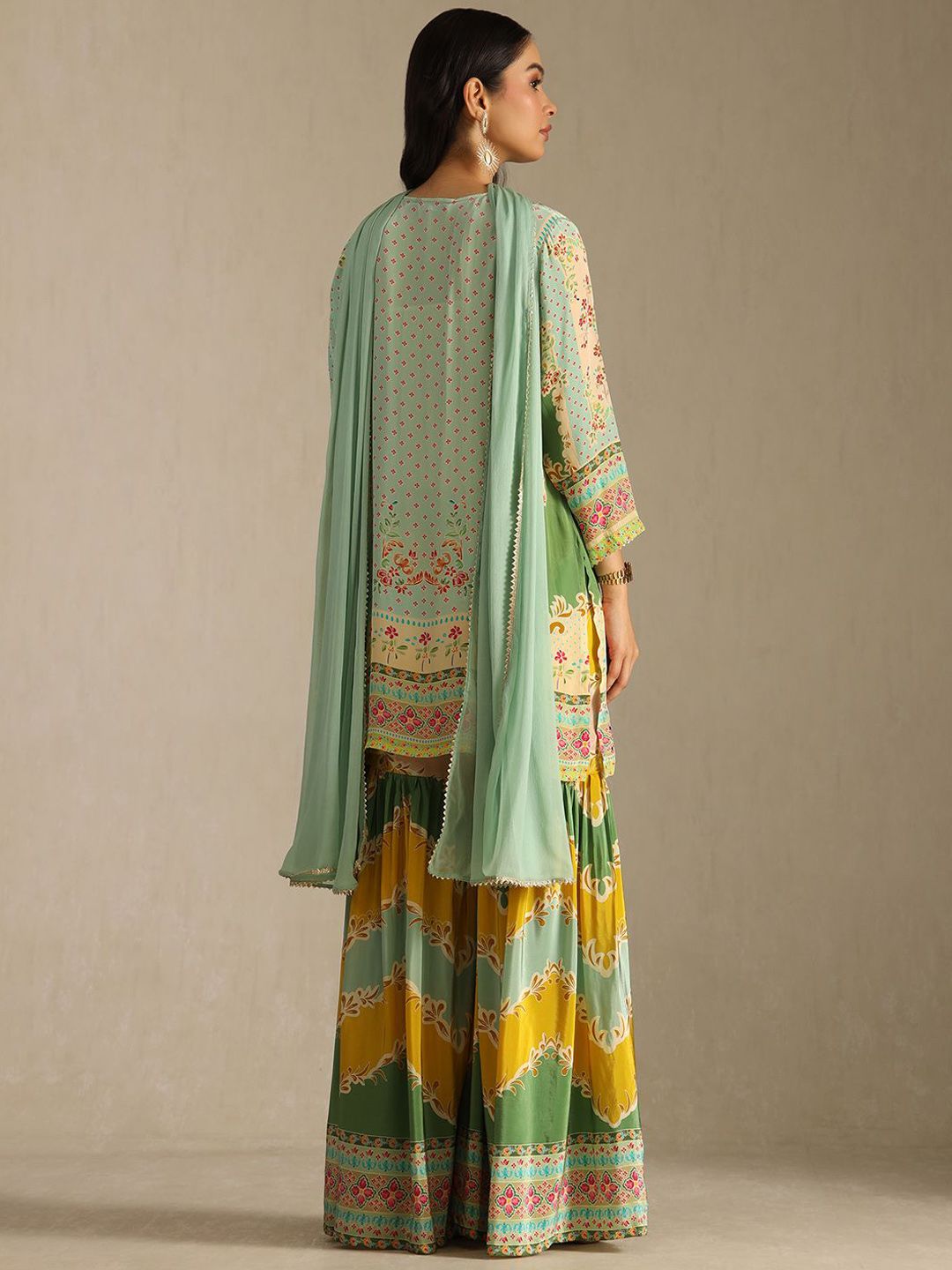 Dhiyona SO Women's Floral Printed Mirror Work Straight Kurta With Sharara & With Dupatta