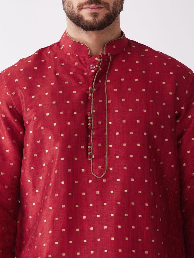 Men's Maroon Silk Blend Straight Kurta and Dhoti Set