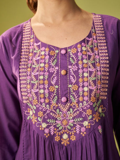 Floral Embroidered Thread Work Pure Cotton A-Line Kurta & Trousers With Dupatta