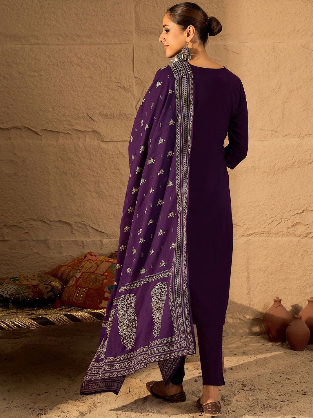 Women Floral Printed Mirror Work Pure Cotton Kurta with Trousers & Dupatta