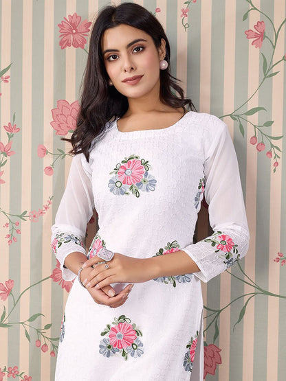 Dhiyona OD  Floral Embroidered Thread Work Floral Georgette Straight Kurta