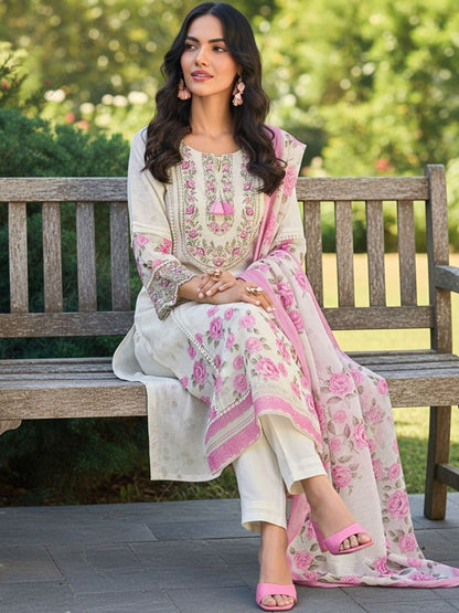 Floral Printed Round Neck Thread Work Linen Kurta With Trousers & Dupatta