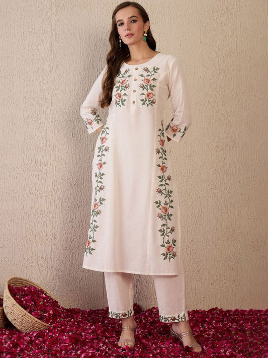 Women Floral Embroidered Regular Thread Work Pure Cotton Kurta with Trousers