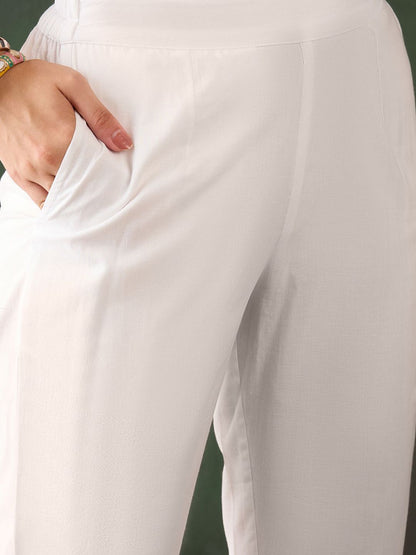Dhiyona SN Women's White Floral Embroidered V-Neck Mirror Work Pure Cotton Kurta with Trousers