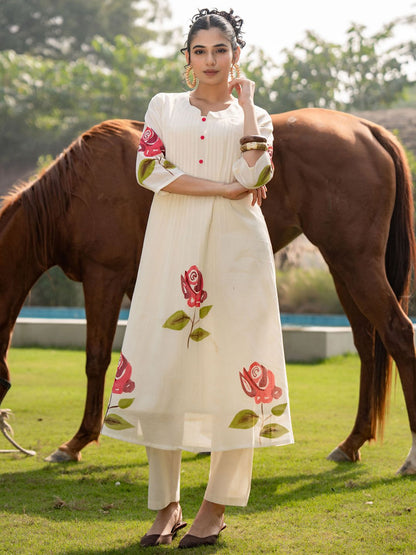 Dhiyona IE Floral Printed Mandarin Collar Pure Cotton A-Line Kurta With Trouser