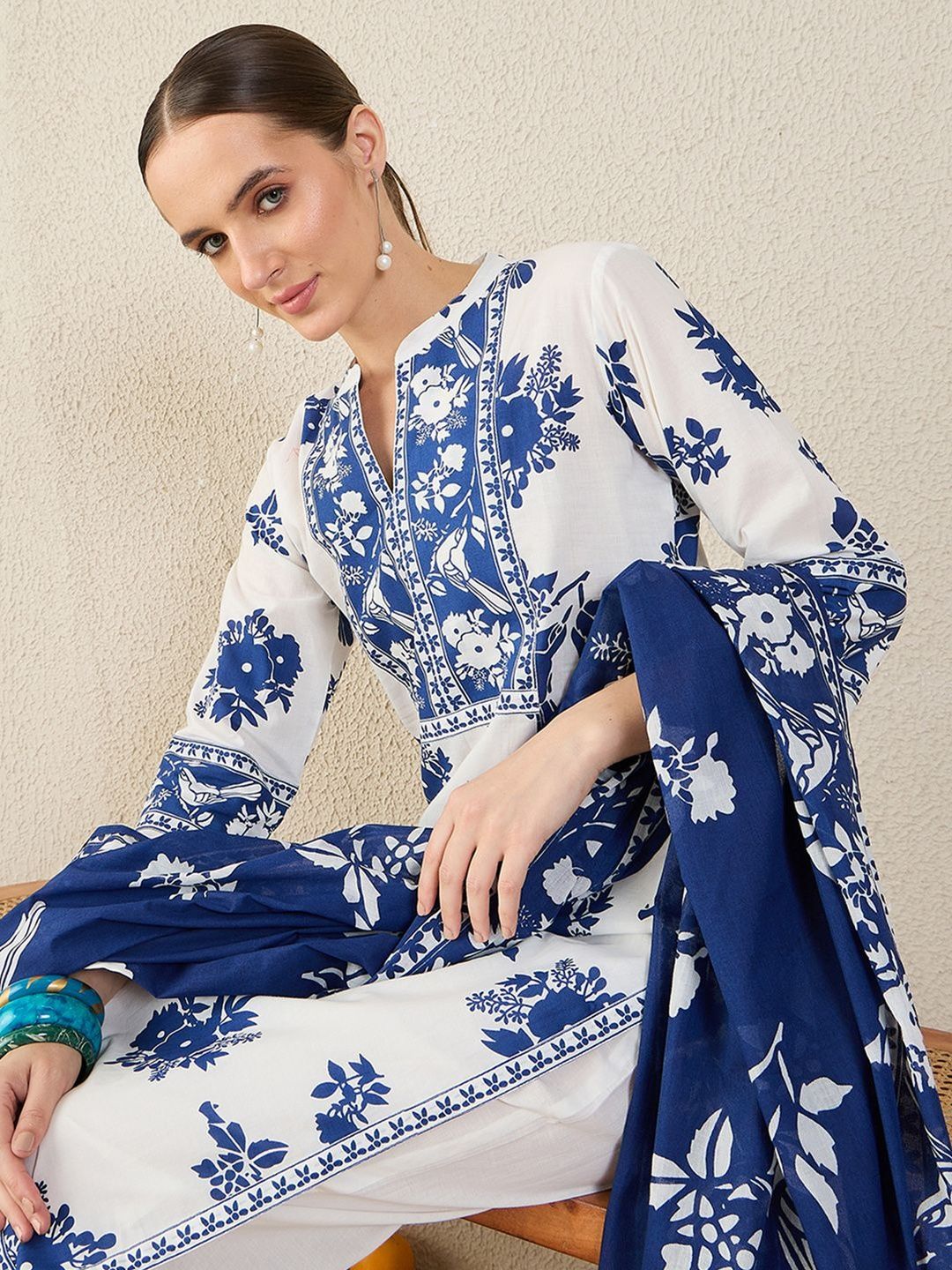 Women Floral Printed Cotton Kurta with Trousers & Dupatta
