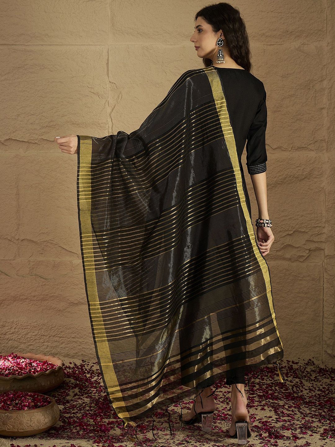 Dhiyona VA Women's Striped Self Design Kurta with Trouser & Dupatta