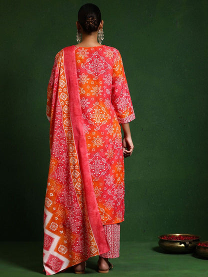 Dhiyona VA Women'sBandhani Printed V-Neck Thread Work Kurta With Trousers & Dupatta
