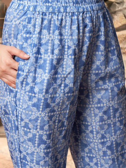 Dhiyona SN Women's Blue Bandhani Printed V Neck Pure Cotton Anarkali Kurta With Trouser And Dupatta