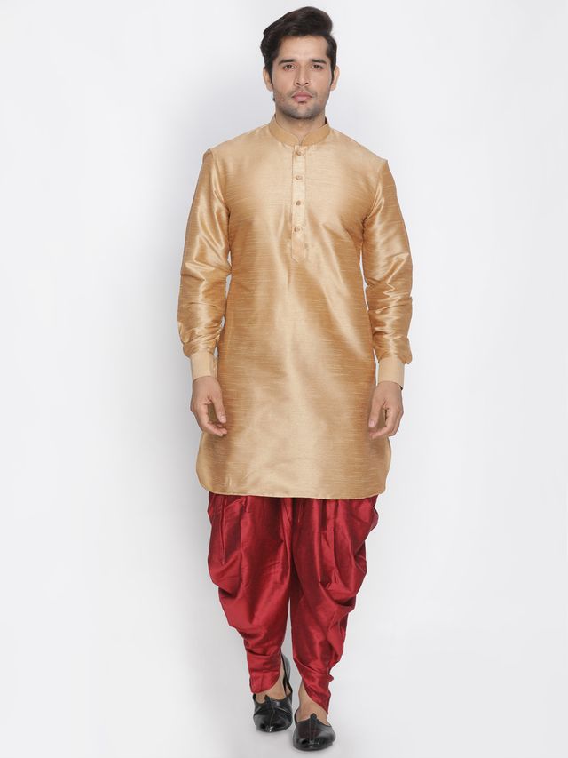 Men's Gold Silk Blend Pathani Kurta and Dhoti Set