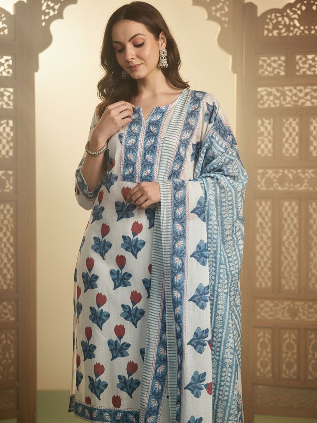 Floral Printed Pure Cotton Kurta With Trousers & Dupatta