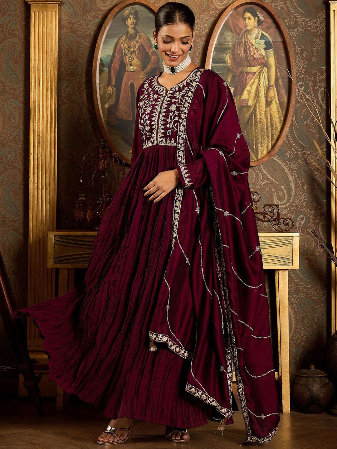 Floral Zari Embroidered Pleated A-Line Kurta with Trouser & Dupatta