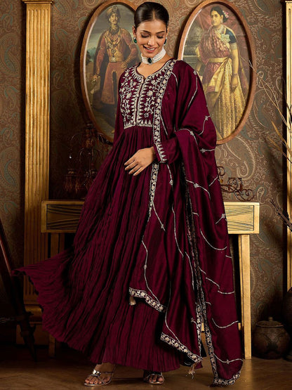 Floral Zari Embroidered Pleated A-Line Kurta with Trouser & Dupatta