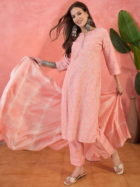 Dhiyona SN Women's Floral Embroidered Notch Neck Thread Work Straight Kurta With Trouser And Dupatta