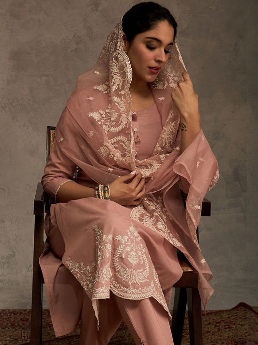 Women Ethnic Motifs Embroidered Cotton Kurta with Trousers & Dupatta