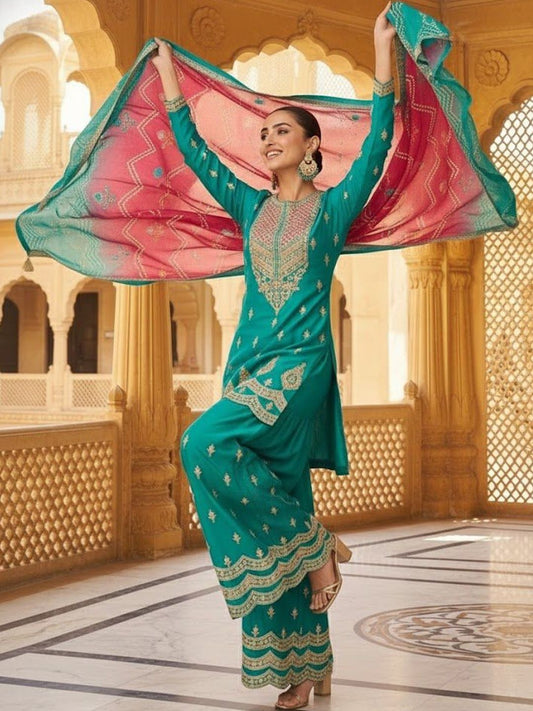 Dhiyona HOP Embroidered Round Neck Kurta & Sharara With Dupatta