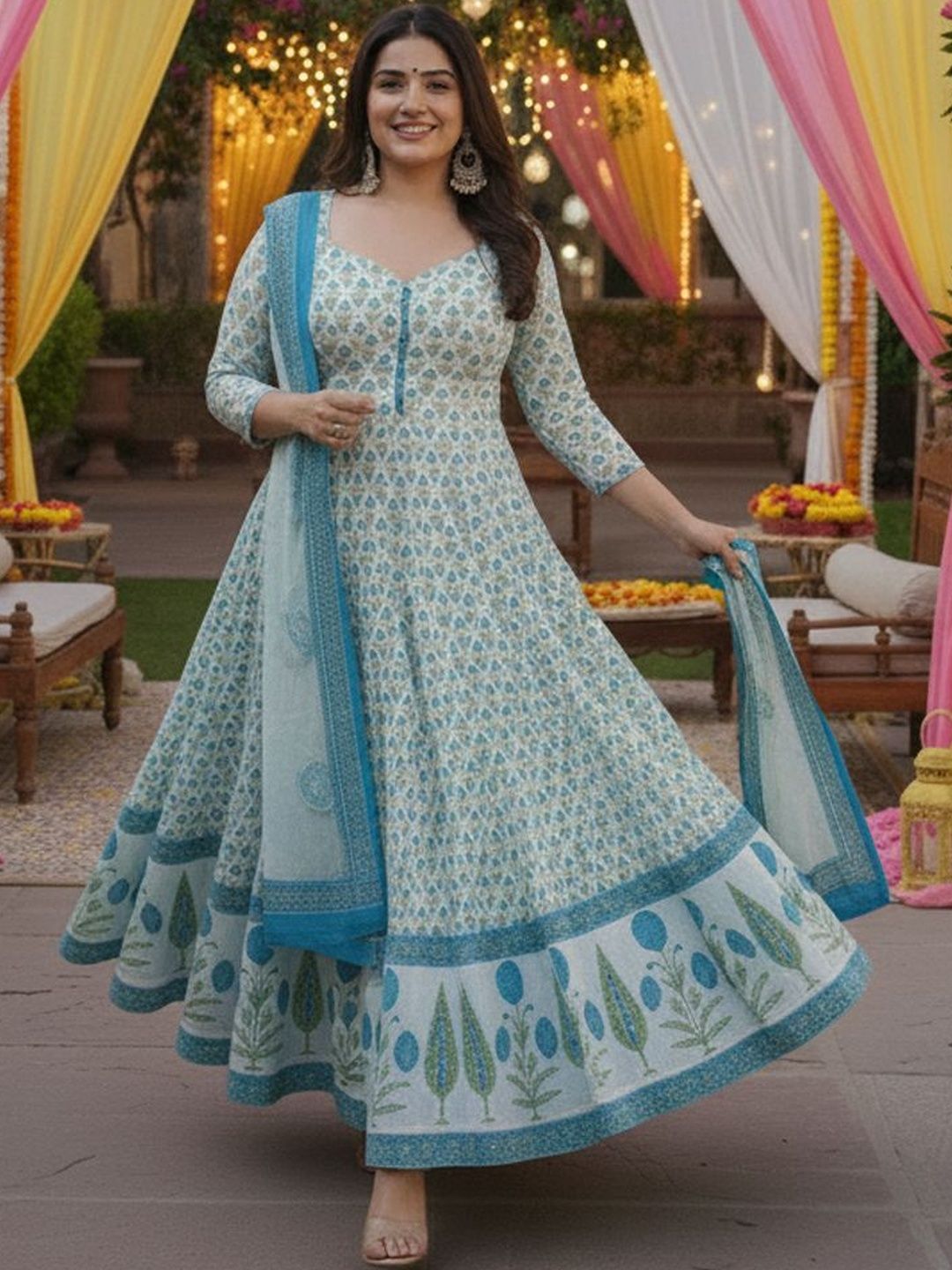 Dhiyona KL Women Ethnic Motifs Printed Panelled Kurta with Trousers & With Dupatta