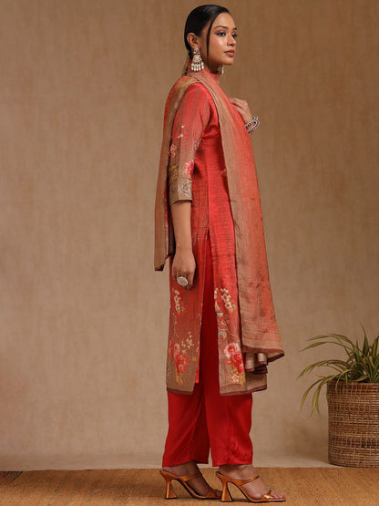 Dhiyona SO Women's Women Floral Printed Regular Zardozi Chanderi Cotton Kurta with Trousers & Dupatta